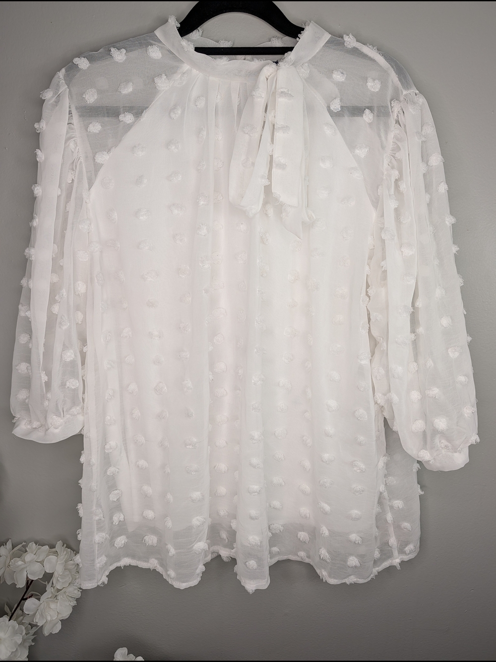 Sheer White Swiss Dot Tie-Neck Blouse - Feminine Long-Sleeve Top